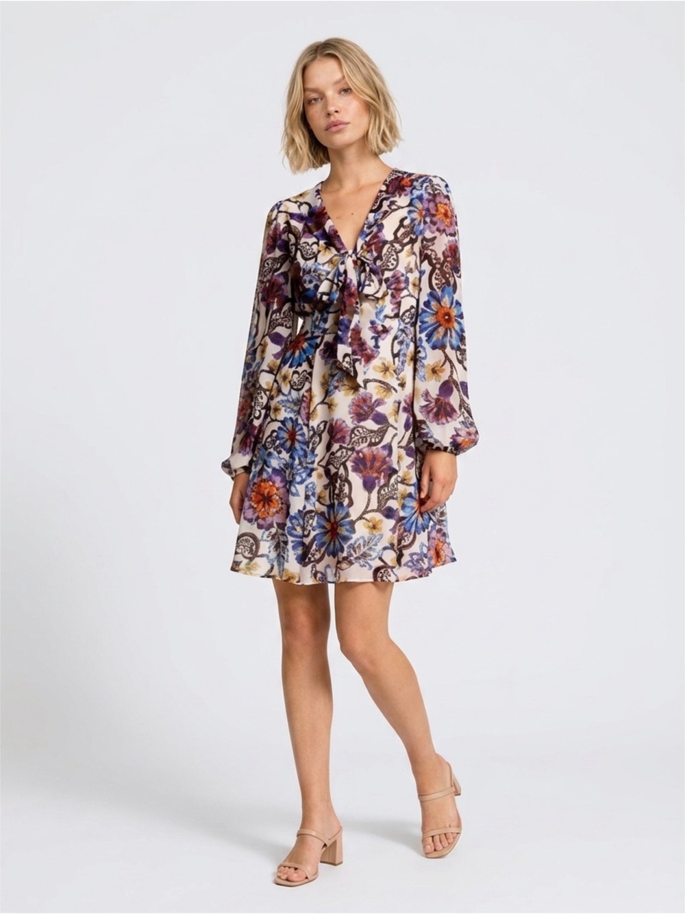 Betsy Johnson Floral V-Neck Tie-Front Mini Dress - Multicolor